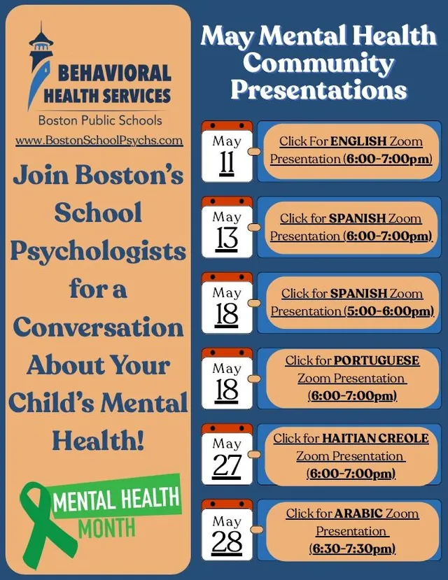 Flyer for May Mental Health Community Presentations listing dates for sessions in English, Spanish, Portuguese, Haitian Creole, and Arabic