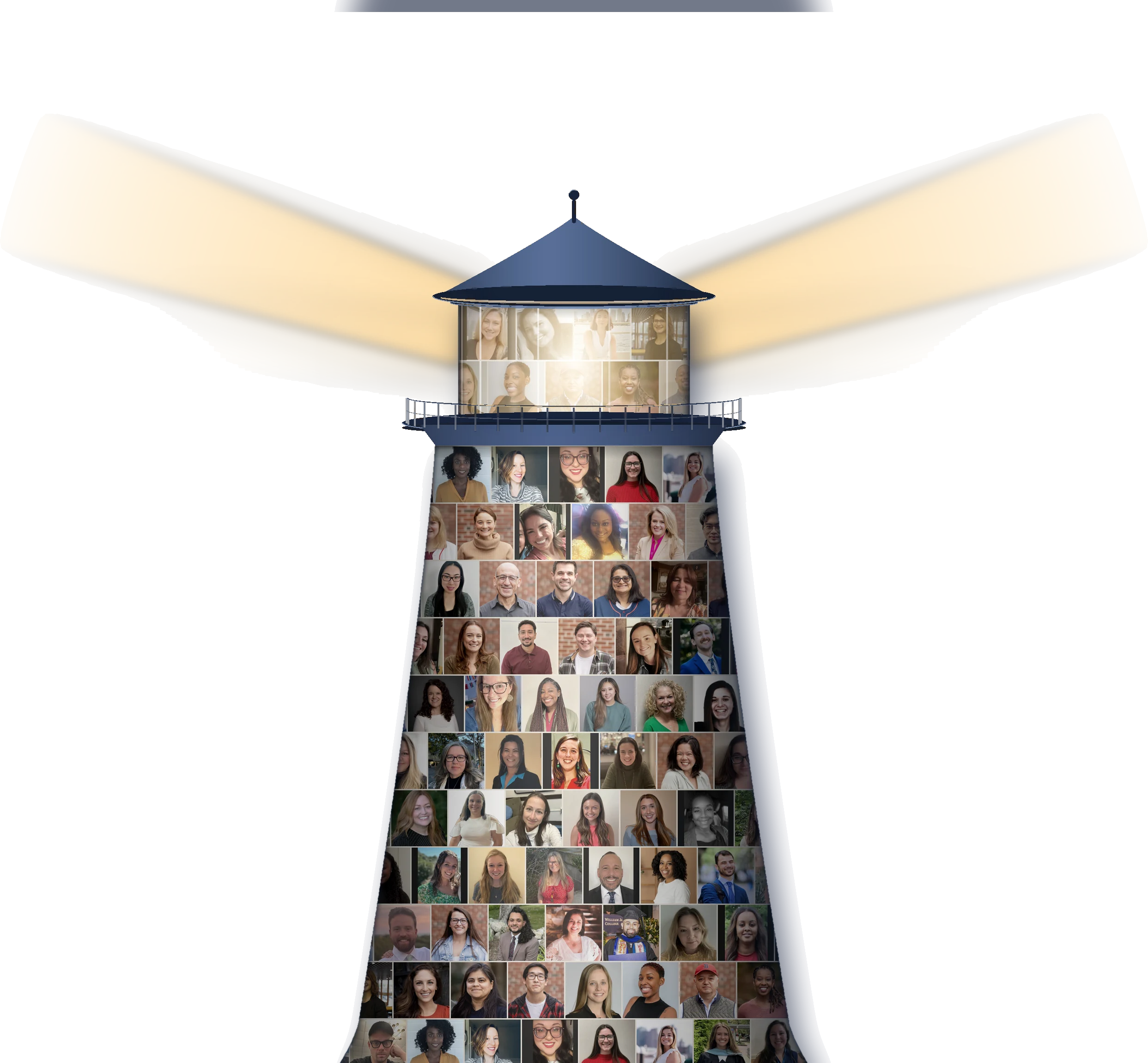 A lighthouse whose tower and lantern are formed entirely from the portraits of Boston Public Schools school psychologists, its light spreading over the Boston skyline