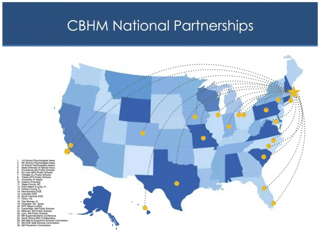 Map of the United States showing CBHM's partner districts and organizations across the country