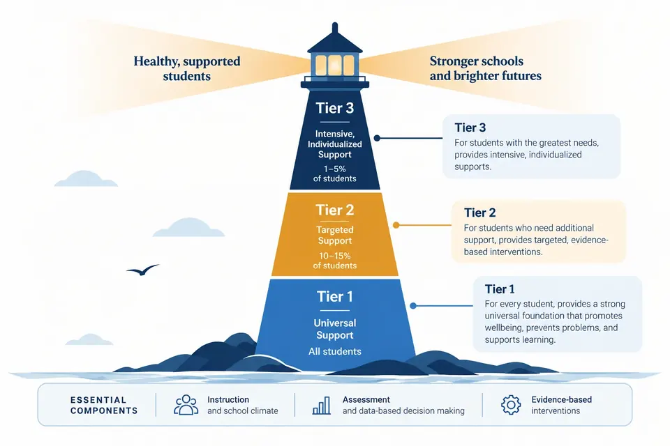 Illustration of the CBHM lighthouse. Tier 1, universal support for all students, forms the base. Tier 2, targeted support for about 10 to 15 percent of students, is the middle. Tier 3, intensive, individualized support for about 1 to 5 percent of students, is the top, with the lamp shining toward healthy, supported students and stronger schools and brighter futures. A footer lists the essential components: instruction and school climate, assessment and data-based decision making, and evidence-based interventions.