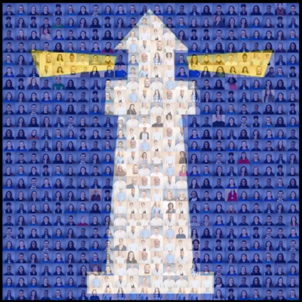 A lighthouse made from hundreds of photographs of BPS staff and students