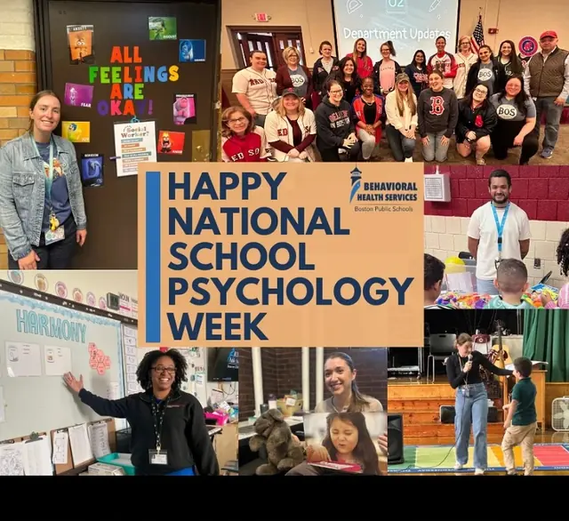 Collage from the 2025 kickoff post: BPS school psychologists in classrooms and at department events
